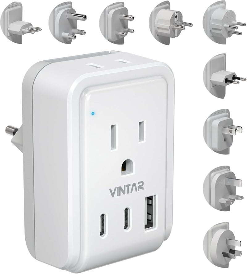 VINTAR Universal Travel Adapter Kit, International Power Adapter with 3 USB Ports (2 USB C, 3.4A) and 2 AC, Type A,C,D,E/F,G,H,I,L,M Detachable Attachments, Adapter for India/Africa/EU/UK//AU/JP/US - Image 1